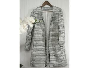 Tahari Long Tweed Hook-Front Long Coat Jacket Black Grey White- Women's Size M